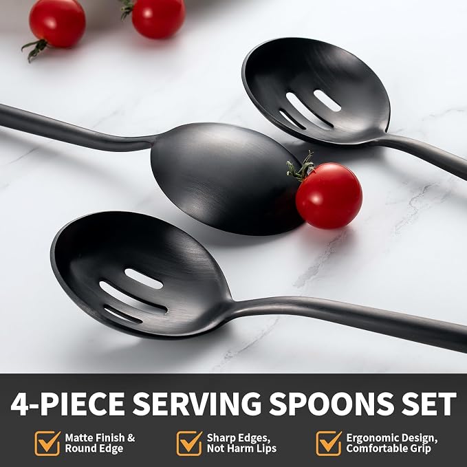 4 Piece Serving Spoons Set(2 Spoons and 2 Slotted Spoons),O.C.E. Stainless Steel Buffet Serving Utensils,10.3 Inches,Premium Flatware,Matte Black