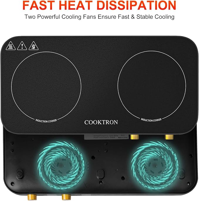 COOKTRON Portable Induction Cooktop 2 Burner with Removable Iron Cast Griddle Pan Non-stick, 1800W Double Induction Cooktop with Child Safety Lock & Time, Great for Family Party