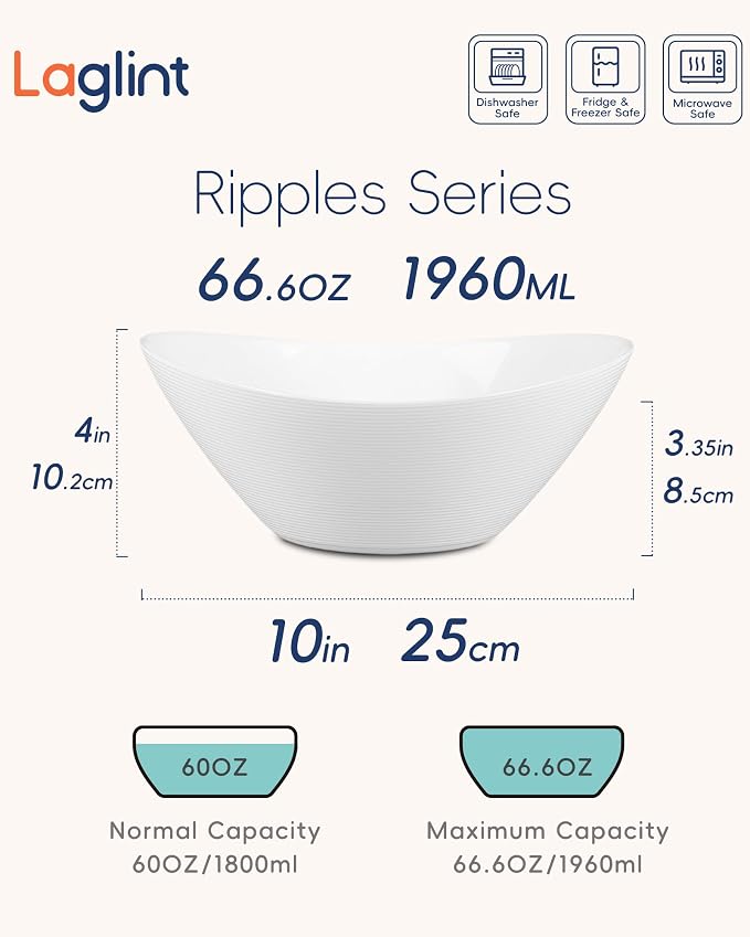 66 OZ Salad Bowl Set of 2, 10 Inch White Opal Glass Oval | Ultra-thin lightweight serving dish with microwave & dishwasher safe design, perfect for salad, fruit and kitchen use