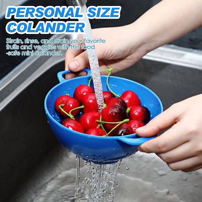 4 Pack Mini Colander for Kitchen Plastic Berry Strainer with Double Handles 7.5 x 6 x 3 Inch Small Colander Strainer for Fruits Vegetables Food (Green,Red,Blue,Lemon Yellow)