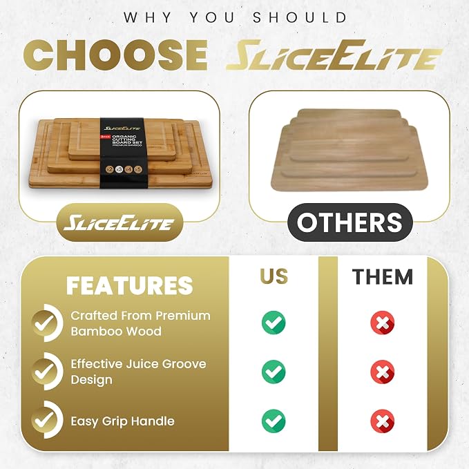 SliceElite Wood Cutting Board - 3 Piece Bamboo Cutting Board Set, Wooden Cutting Boards for Kitchen with Deep Juice Groove, Side Handles - Wood Chopping Boards for Meal Prep, Meat, Vegetables