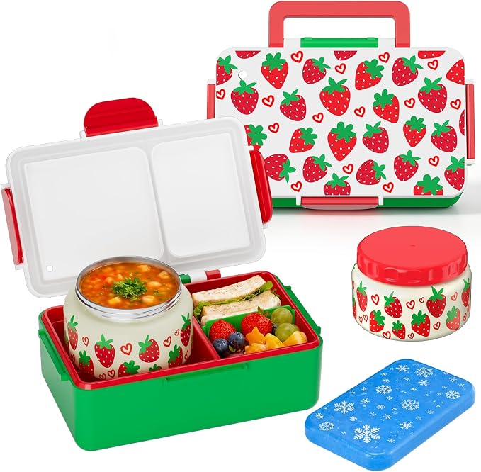 Bento Lunch Box for Kids–Strawberry Console Design with 12oz Insulated Stainless Steel Soup Jar and Built-in Ice Pack, 3-Compartment Leak-Proof Kids Bento Box for Boys Girls School Travel
