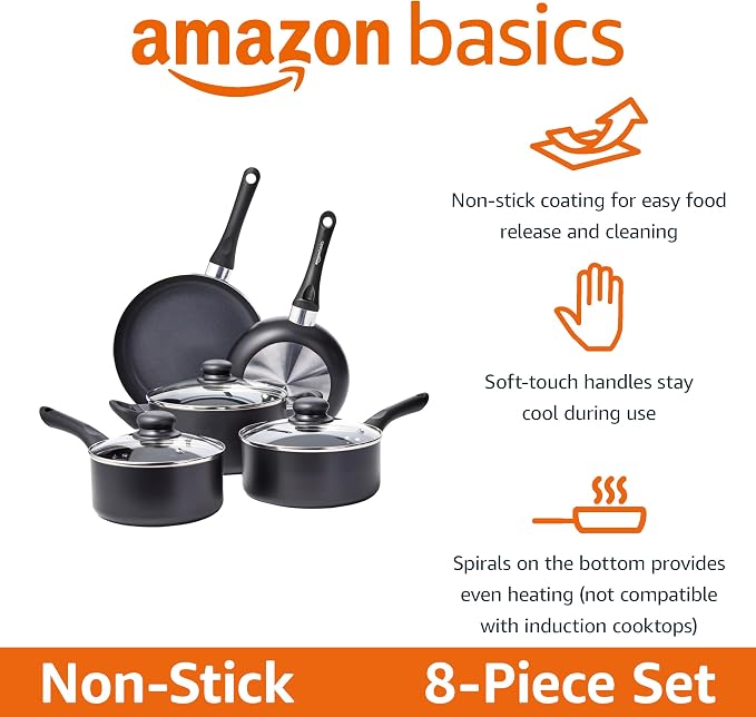 Amazon Basics Non-Stick Kitchen Cookware 8-Piece Set, Non-Induction, Includes Pots and Pans, Black
