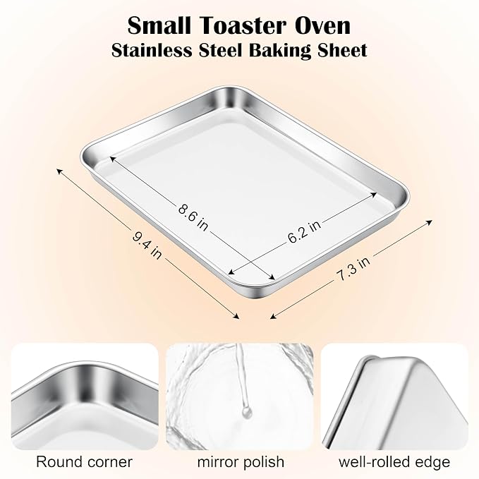 E-far Mini Toaster Oven Tray, 9.4”x7.3” Stainless Steel Baking Cookie Sheet | Small Non-toxic Metal Baking Pan for Cake Cookies, Rust Free & Warp Free, Mirror Finish & Dishwasher Safe
