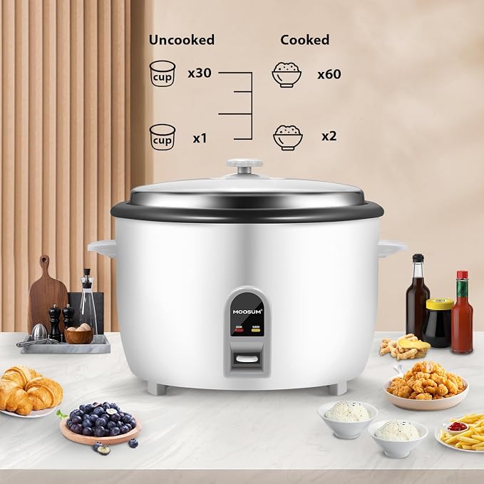 Commercial Rice Cooker, Large Capacity 30-Cup (UnCooked), 60-Cup (Cooked) with One Touch Operation and 12-Hour Keep Warm, Easy to Use and clean, 1600W, White