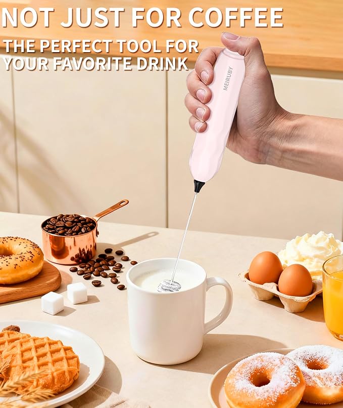2-Pack Milk Frother Handheld with Stand, Valentines Day Gifts for Him and Her, Powerful Electric Coffee Frother, Coffee Lover Gift for Lattes, Cappuccino, Matcha & Hot Chocolate, White/Pink