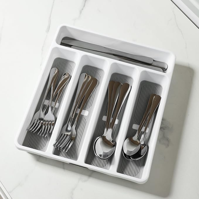 5-Compartment Silverware Organizer Tray with Icons for Kitchen Drawer | Non-slip TPR Linings，5-Compartment，High-quality Plastic，Fits Well In Standard Drawers，With Cutlery Icons
