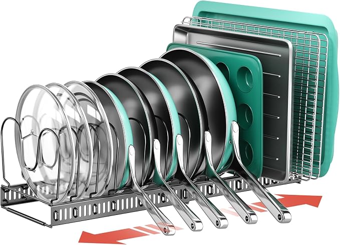 Pots and Pans Organizer under Cabinet, 11.8-22.8" 14 Dividers Black | Extends 11.8-22.8", Holds pot lids, pans, cookware and bakeware, Adjustable dividers, for under cabinet or countertop