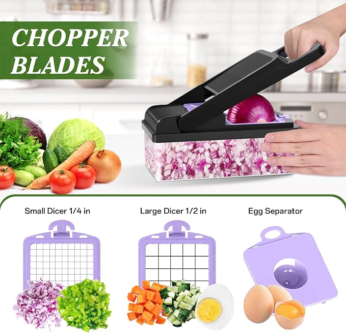 HomeHacks Veggie Chopper Vegetable Cutter, 12 in 1 Kitchen Gadget, Purple | Dicer, Slicer, Cutter, Slap Chop, Cheese Grater & Egg Separator - Multi-Functional Salad Fruit Onion Chopper with Container