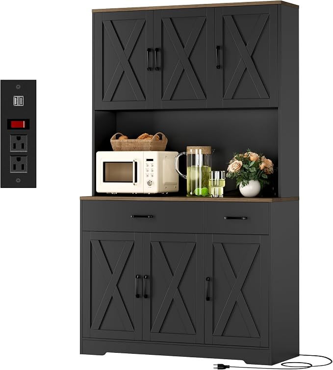 HOSTACK 71"H Kitchen Pantry Storage Cabinet, Farmhouse Hutch Cabinet, Black | Space-Saving Pantry Cabinet with Charging Station & 2 Large Drawers & Adjustable Shelves, Tall Kitchen Hutch, Dining Room