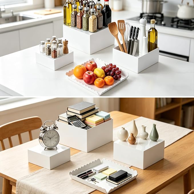 Acrylic Buffet Risers, 4 PCS White Large Food Display Stands for Party Table, Display Risers Cube Box with Hollow Bottom for Dessert Catering Party Supply, Square Scalloped Acrylic Serving Tray for Cupcake