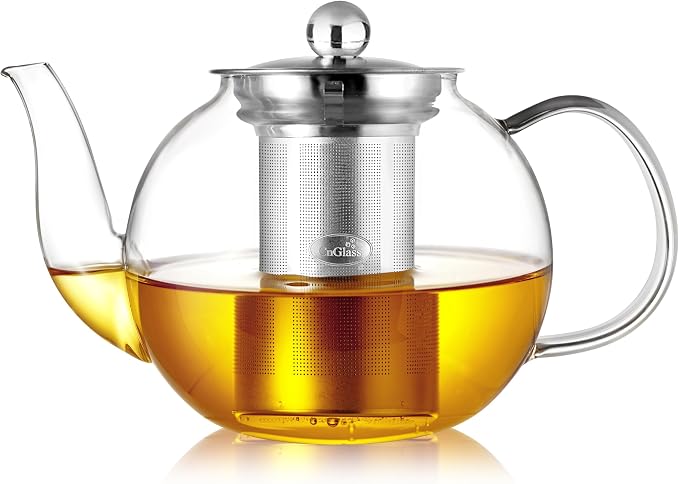 CNGLASS 900ml Glass Teapot with Removable Infuser,Clear Tea Kettle Stovetop Safe,Blooming and Loose Leaf Tea Maker