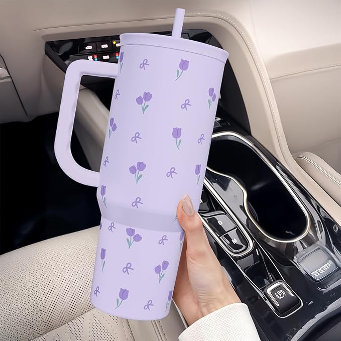 Floral 40oz Tumbler with Handle and Straw – Tulip Insulated Stainless Steel Travel Coffee Mug for Women Girls, Floral Gift Idea for Birthday Christmas Mothers Day