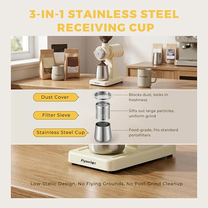 Electric Burr Coffee Grinder, 8 Grind Settings Cream Style White | 64mm Stainless Steel Flat Burr, Low Static & Quiet, for Espresso Pour Over French Press, 3-in-1 Receiving Cup, Easy Clean