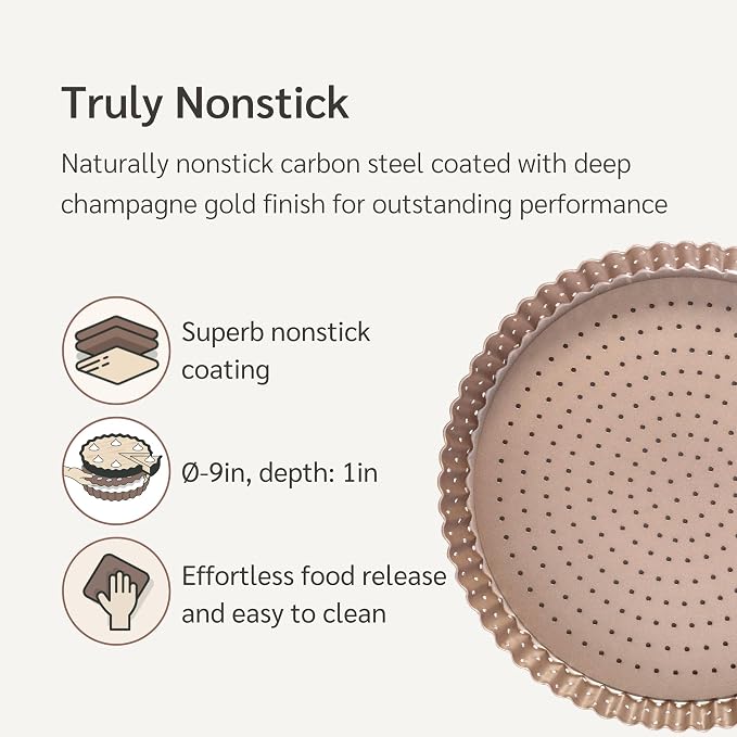 9 inch Tart Pan with Removable Bottom Nonstick, PFOA & BPA Free | | Non-Toxic - High Carbon Steel - Gold - Perforated Tart Mold