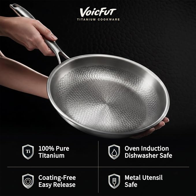 12" Titanium Pans for Cooking, 100% Pure Titanium Frying Pan | Food-grade titanium; naturally non-toxic; no PTFE/PFOA/PFAS coating; induction ready, dishwasher safe, oven safe to 1000°F
