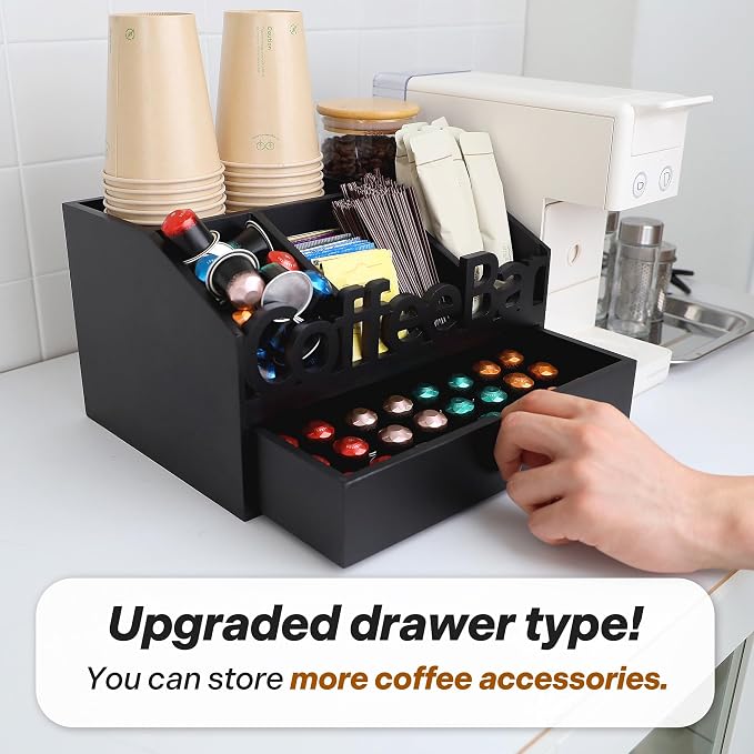 Coffee Bar Organizer Countertop, Wooden Coffee Station with Black Drawer | Coffee Pods, Tea Bags, Creamers & Condiments