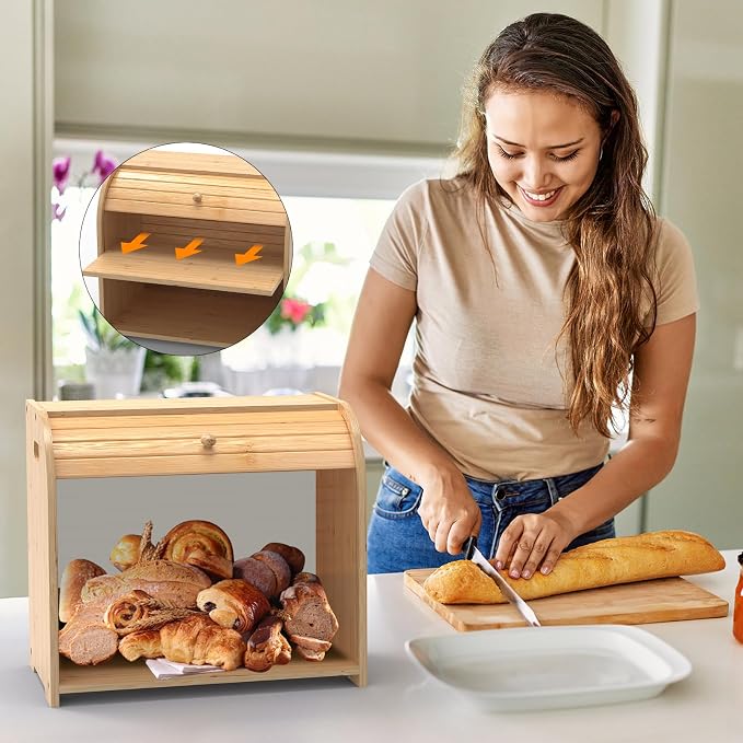 Bamboo Bread Box Roll Top for Kitchen Countertop Breadbox Storage | Roll Top Bread Box with Sliding Lid,Large Double Layer with Adjustable Middle Shelf