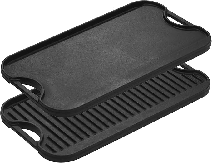 Lodge Pro-Grid Reversible Grill/Griddle - 20 Inches x 10.5 Inches - Dual-Sided Cast Iron Griddle - Double Burner Grill - Even Heat Distribution - PFAS-Free Non-Toxic Cookware