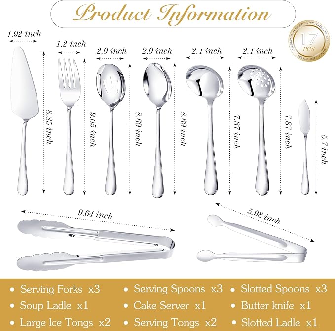 Mwellewm 17Pcs Serving Utensils, Silver Stainless Steel Serving Spoons, Slotted Spoon, Fork, Tongs, Cake Pie Server, Soup Spoon Metal Buffet Banquet Cutlery Set for Parties Entertaining Catering