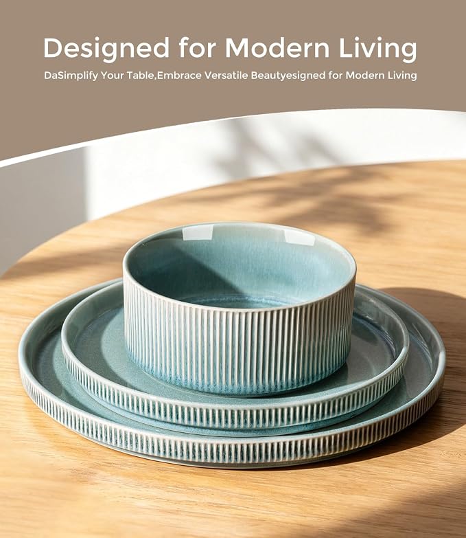 GBHOME Stoneware Dinnerware Sets for 8, 24-Piece Plates and Bowls Set | Handmade Reactive Glaze Ceramic Dish Set, Scratch Resistant, Dishwasher&Microwave Safe,Malachite Green