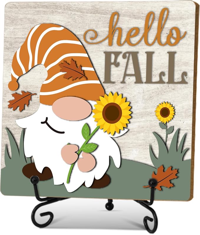 Hello Fall Home Decor Indoor, Autumn Gnome Thanksgiving Table Decor | 5"x5" Wood Plaque Gifts with Stand for Farmhouse Living Room Bathroom Kitchen Decoration - A05