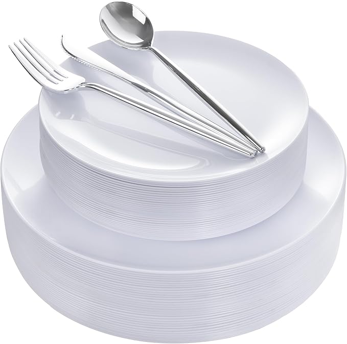 White Plastic Plates,Nice Disposable Plates with Silver Silverware | Premium Disposable Plates Include 30 Dinner Plates,30 Dessert Plates, 90 Plastic Silverware Set for Wedding, Events