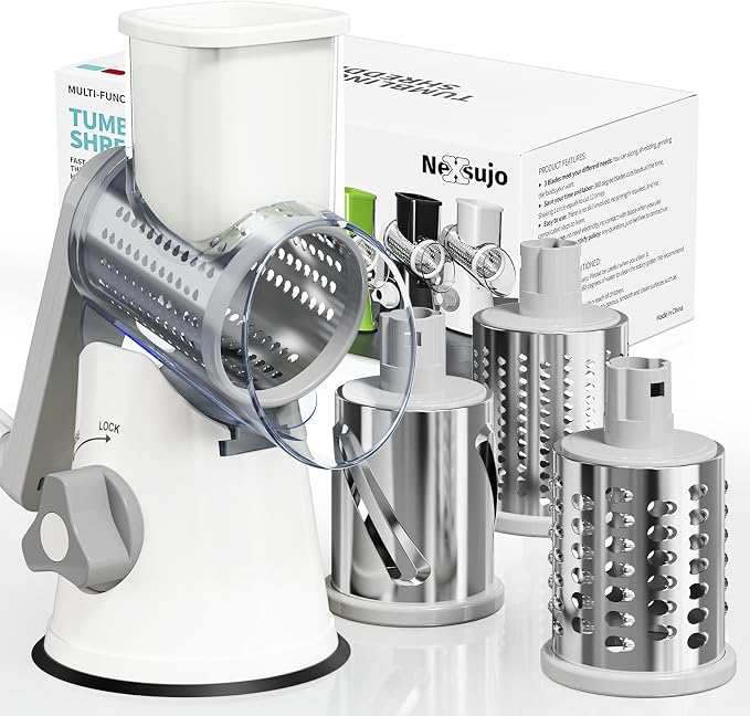 Rotary Cheese Grater Hand Crank, 3 Blades Slicer Shredder, Cheese Grater for Kitchen, Multi-Functional Kitchen Tool for Vegetables, Nuts, Chocolate, with Strong Suction Base, White