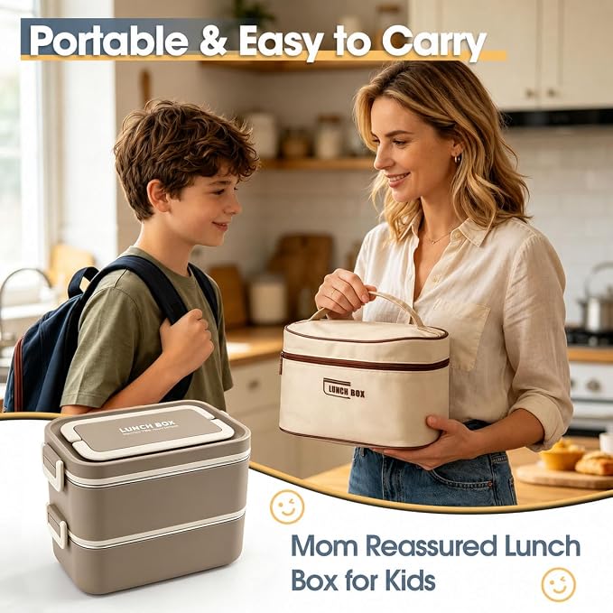 Kabbas 18/8 Stainless Steel Bento Box for Kids & Women – 66 Oz Leakproof Lunch Containers for Adults, 2Layers Stackable Metal Lunch Box with Cutlery & Insulated Bag – Ideal for Work, School, Picnic