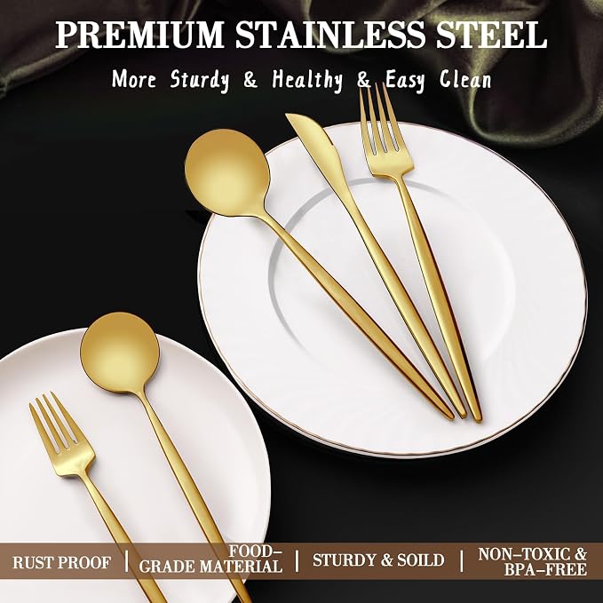 CEKEE 40-Piece Gold Silverware Set for 8, Stainless Steel Flatware Set | Gold Utensils Set, Gold Cutlery Set Include Knives Spoons and Forks Cutlery Set for Kitchen Home Restaurant, Satin Finish