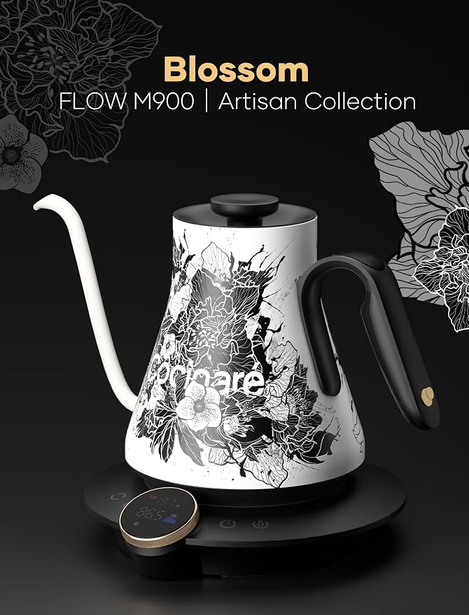 Cocinare Artisan Collection Gooseneck Electric Kettle, ±0.5°F Temperature Control for Pour Over Coffee & Tea, 1500W Fast Heating, Stainless Steel Interior, 0.9L, Blossom Design