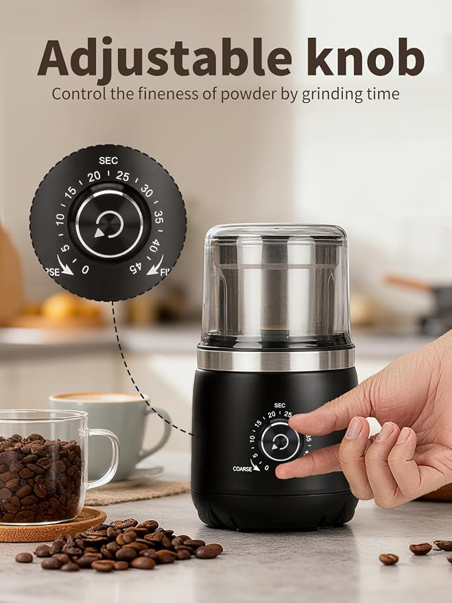 LAOION Electric Coffee Grinder with Silent Grinding Blades & Timer Knob | Adjustable Coarse to Fine, Espresso Grinder with Removable Stainless Steel Bowl for Coffee Bean, Herb, Spices, Seeds (Black)