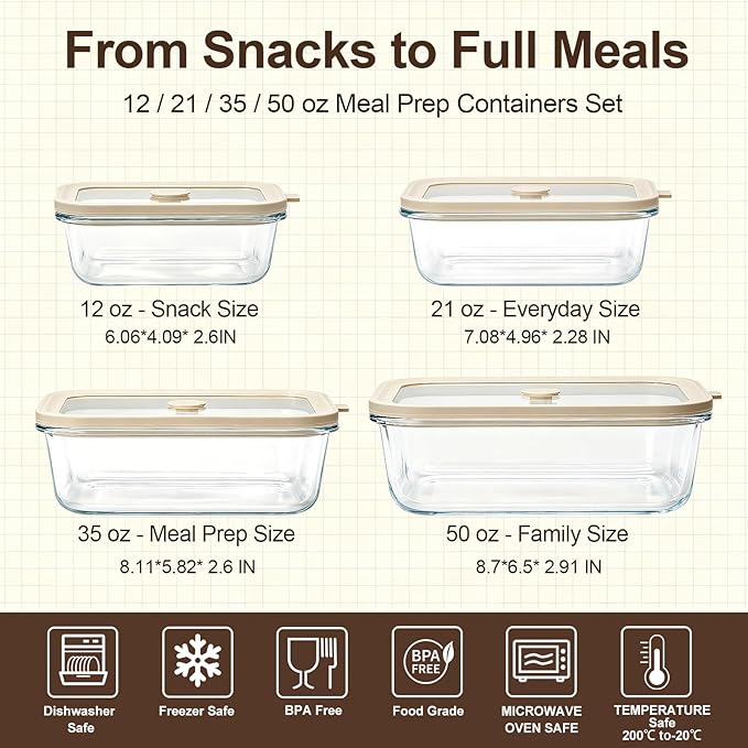 Multi-Size Glass Food Storage Containers with Glass Lids, 4 Pack | Airtight Glass Meal Prep Containers, Plastic Free, Borosilicate Glass Lunch Containers for Leftovers, Microwave, Freezer