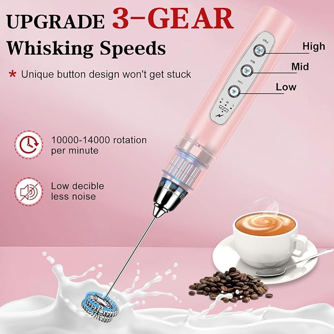 Milk Frother Wand Rechargeable Handheld Whisk Coffee 3 Speed Adjustable | Electric Whisk Drink Mixer with Stainless 3 Whisks Hand Frother , Foam Maker for Latte Cappuccino Matcha Egg Silver