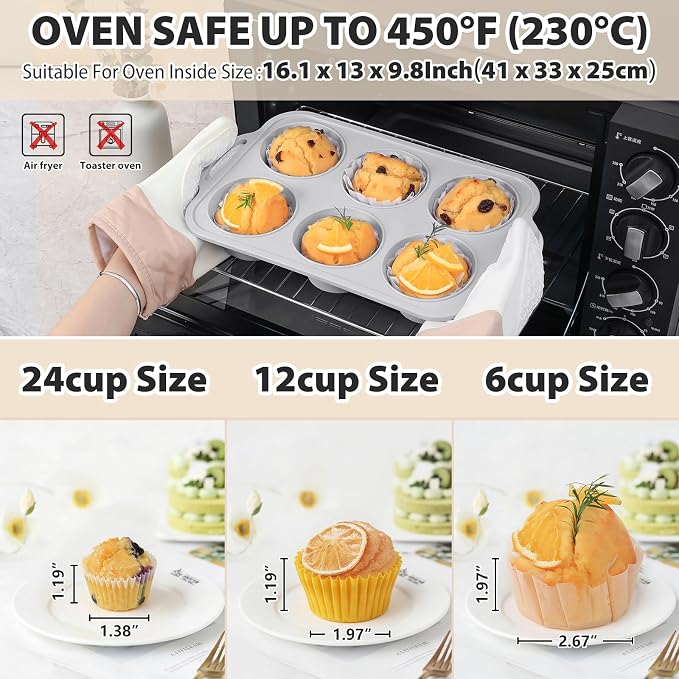 Jumbo Silicone Muffin Pan with Frame, Non Stick Large Cupcake Baking Tin | Silicone Cupcake Pan with Handles 6 Cup, BPA Free Silicon Muffin Tin Tray Extra Large for Baking Egg Bites Mold Light Grey