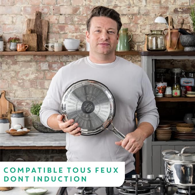T-Fal x Jamie Oliver Nonstick Coated Stainless Steel Pans 8", 9.5" & 11", Frypan Set Induction Compatible, Oven Safe up to 500°F, Chef's Stainless Steel Skillet, Frying Pan, Silver | 3 Frying Pans 7.9/9.4/11 inch, Titanium Non-Stick Coating, Suitable f...