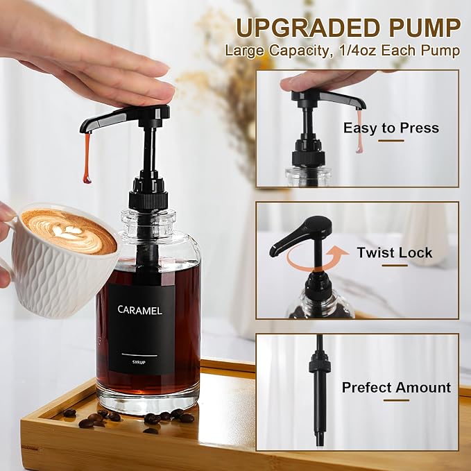 Coffee Syrup Dispenser for Coffee Bar, Glass Syrup Dispenser with 1/4oz Large Capacity Pump, Coffee Syrup Pump Dispenser for Coffee Station, 16.9 fl oz Maple Syrup Bottles for Coffee Bar Organizer