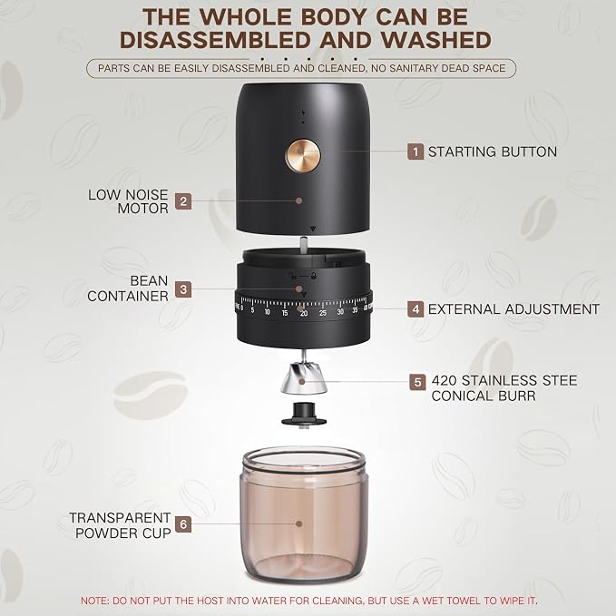 Portable Electric Coffee Grinder, 40 Settings, Conical Burr, USB-C, Black | CNC420 stainless steel burr grinds 15 g in 2 minutes, stops automatically, and comes apart for easy cleaning at home or away
