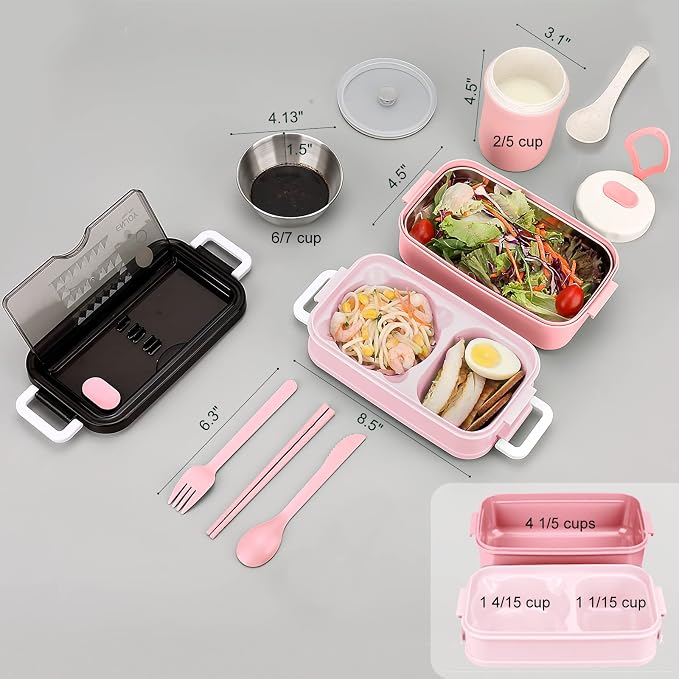 2-Tier Bento Lunch Box for Women & Adults with Insulated Lunch Bag | 50 OZ Large Capacity Bento Box with BPA-Free Utensils & Cup & Sauce Container, Leakproof, Microwave Safe for Work & Meal Prep
