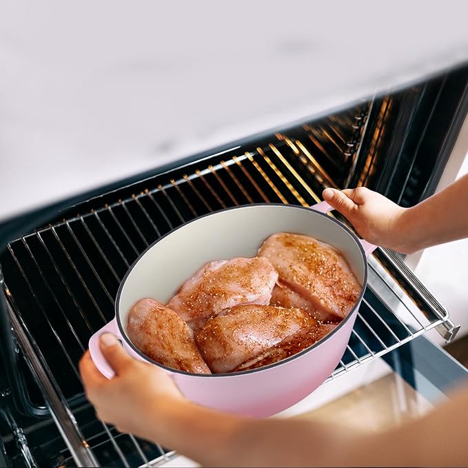 7 Quart Oval Dutch Oven with Lid, Leonyo 7QT Enameled Oval Cast Iron Dutch Oven for Sourdough Bread Breaking, Heavy Duty Cookware for Braising, Stews, Roasting, Pink
