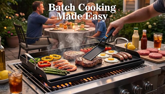 QuliMetal 25" x 16" Cast Iron Grill Griddle Kit, Pre-Seasoned Flat Top Griddle Plate with Scratch-Safe Accessories, Universal Outdoor Griddle for Gas Grill, Charcoal Grill, Camping, BBQ & Tailgating