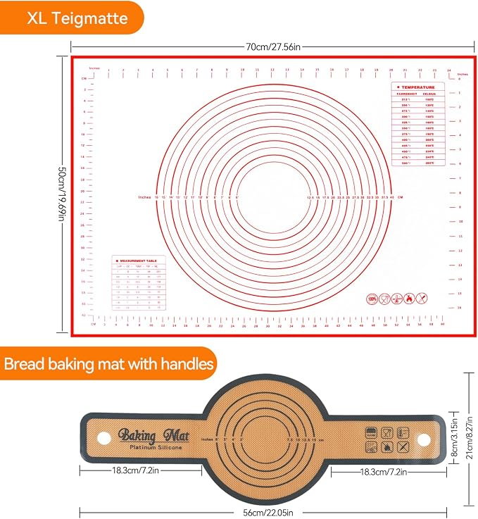 3 PCS Silicone Baking Mat Set：Bread Slings with Long Handles + 28"x20" Pastry Mat Non-Stick Reusable Sourdough Baking Supplies,Easy Clean, Kitchen Accessories