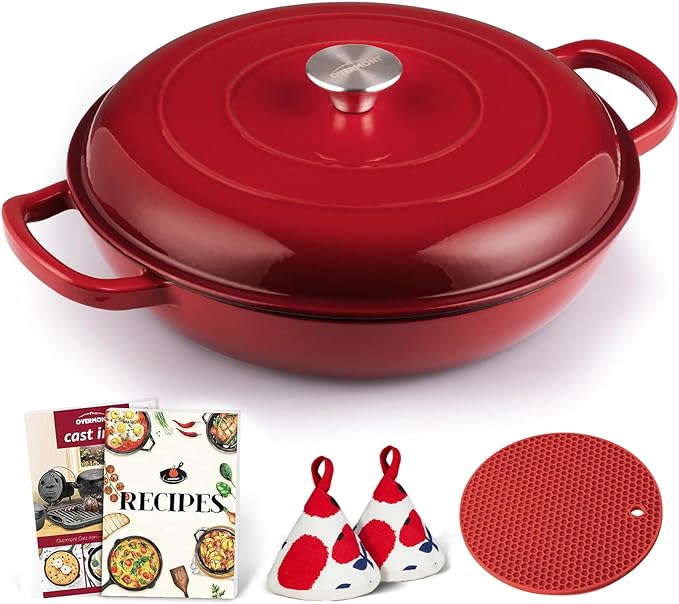 Overmont Enameled Cast Iron Dutch Oven - 3.8 QT Shallow Braiser with Recipe | Enameled Casserole with Lid Potholders, Oven Safe up to 500°F, Cast Iron Cookware for Grilling Searing Roasting Braising Bake