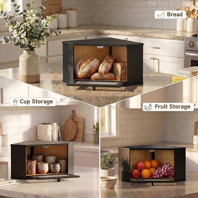 Corner Bread Box For Kitchen Countertop,Bread Storage Bin (Black, Medium) | Small Bamboo Bread Container,Corner Shelf For Kitchen Decor