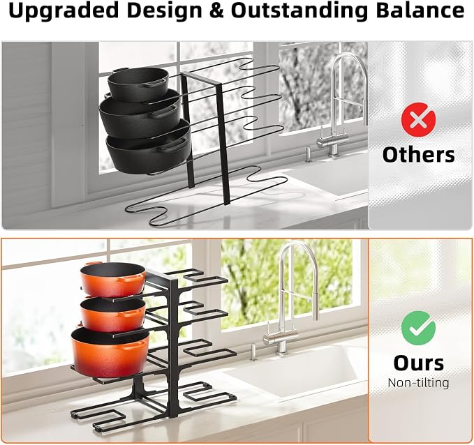 MUDEELA 8-Tier Pots and Pans Organizer under Cabinet, 15.9" H Heavy-duty | 120LBS capacity, 2 Installation Options, Adjustable pot rack holds cast-iron pans, skillets, griddles and shallow pot
