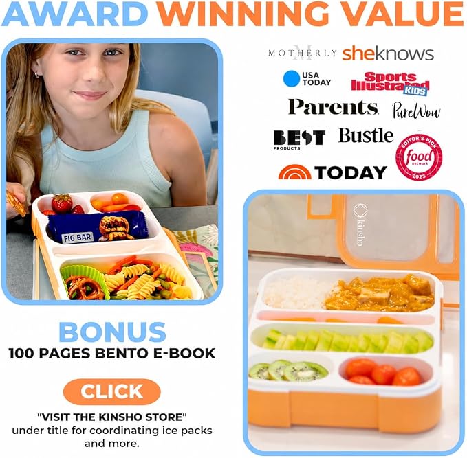 kinsho Bento-Box For Adults Or Kids, Lunch-Boxes Portion Control Container For Women Men Girls Boys | Leakproof Snack Containers For School Bpa Free Utensils 5 Compartments | Blue, Orange