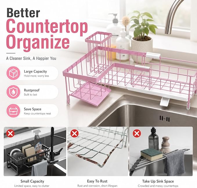 Extendable Corner Sink Sponge Holder, Quick-Drain Caddy For Kitchen Sink, Pink