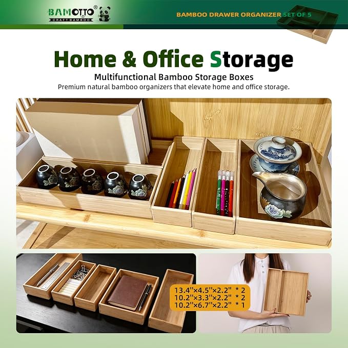 BAMOTTO CRAFTBAMBOO Stackable Bamboo Drawer Organizer Set of 5 for Kitchen | Utensil Cutlery Tray | Flatware & Silverware Organizer | Office & Bathroom | 13.4"×4.5"(×2) / 10.2"×3.3"(×2) / 10.2"×6.7"