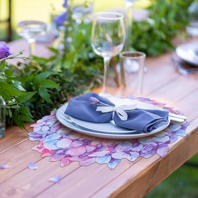 Glenmal 100 Pcs Hydrangea Placemats Purple Floral Place Mats Disposable Summer Flower Paper Decorative Placemats Bulk for Dining Table Mat Tea Party Wedding Kitchen Decor Bridal Baby Shower 13 Inch