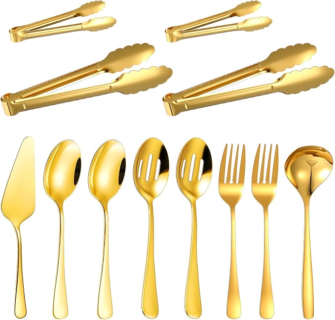 12 Pieces Gold Serving Utensils, Stainless Steel Cooking Utensils Set, Include Serving Spoons, Slotted, Spoons, Forks, 2 Sizes Tongs, Soup Ladle and Pie Cake Server for Kitchen Restaurants Buffet